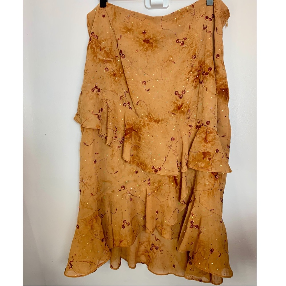 Roper Vintage XL Floral Ruffle Skirt Embroidered High-Low Sequin Golden Brown